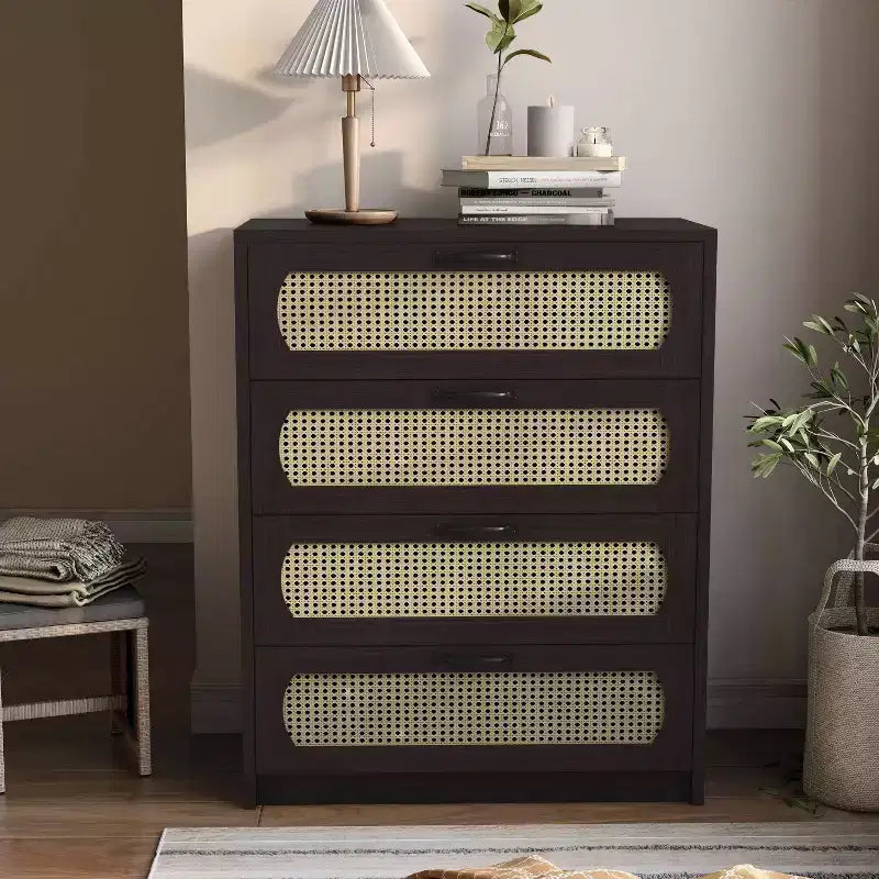 Summertree Transitional Faux Rattan Webbed 4 Drawer Chest Espresso - miBasics: Boho-Style, Resort Feel, Space-Saving Design