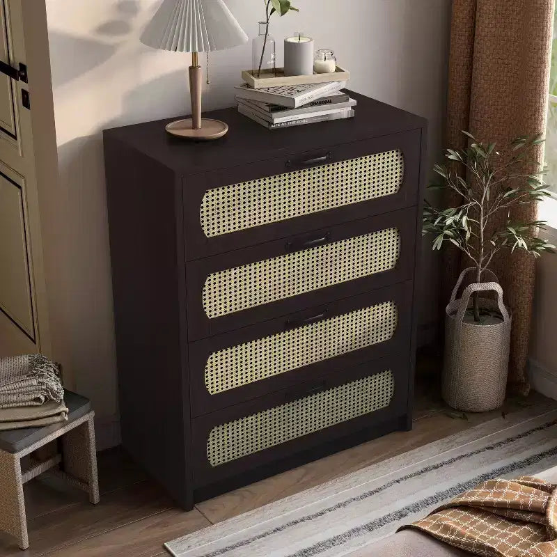 Summertree Transitional Faux Rattan Webbed 4 Drawer Chest Espresso - miBasics: Boho-Style, Resort Feel, Space-Saving Design