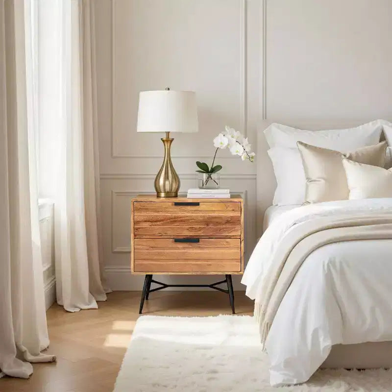 The Urban Port 2 Drawer Wooden Nightstand with Metal Angled Legs Brown/Black