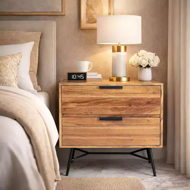 The Urban Port 2 Drawer Wooden Nightstand with Metal Angled Legs Brown/Black