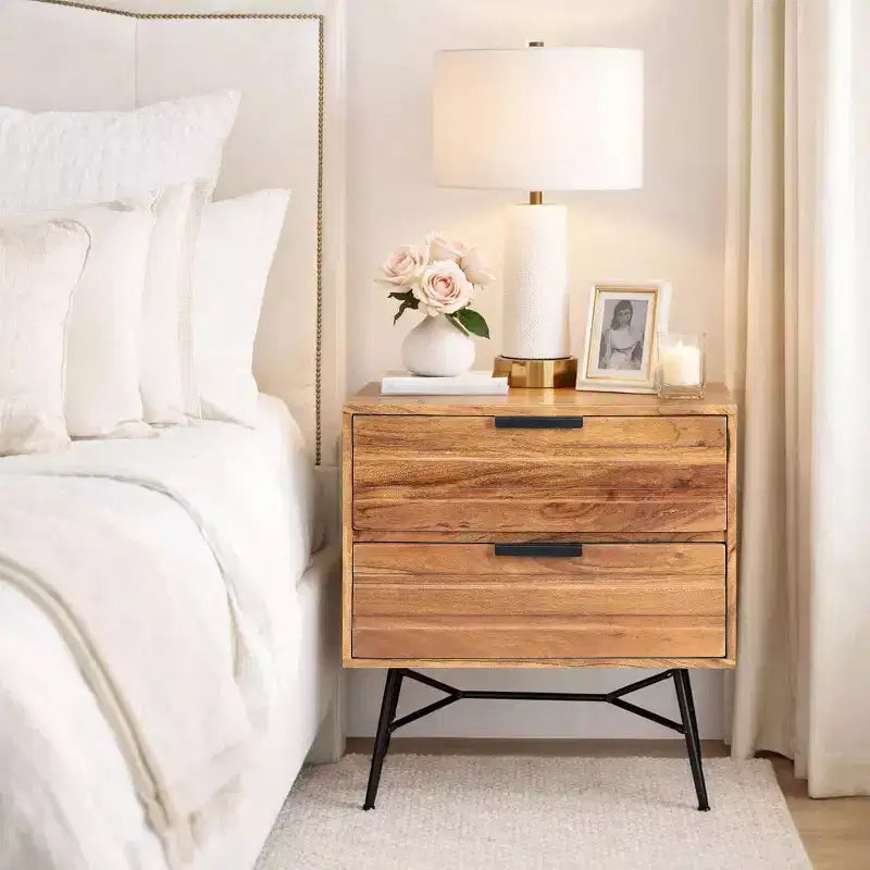 The Urban Port 2 Drawer Wooden Nightstand with Metal Angled Legs Brown/Black