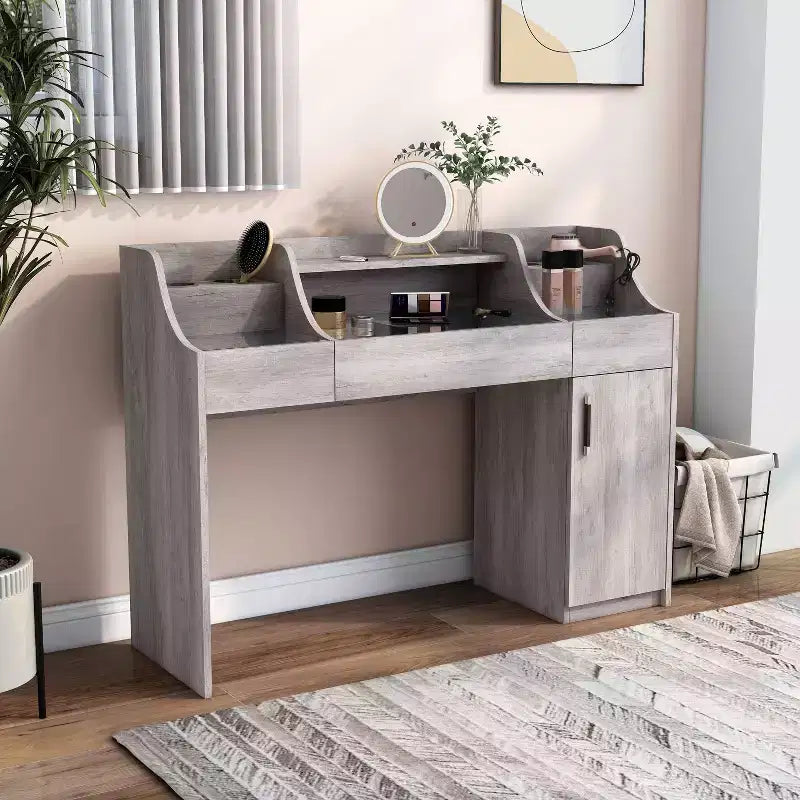 24/7 Shop At Home 49" Peacemeld Contemporary 3 Drawer Makeup Vanity Table with Glass Top Coastal White: Bedroom Vanity with Ample Storage