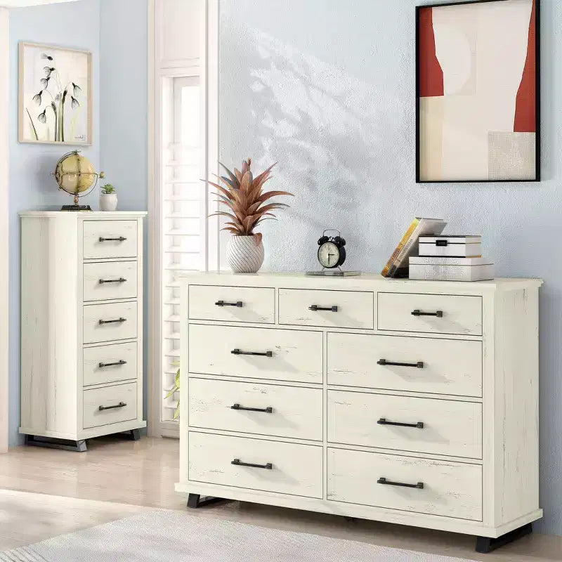 Festivo 2pc Contemporary 9 Drawer Dresser and 24 inch 5 Drawer Chest Set Saw Cut Off-White: Meets ASTM Safety, Bedroom Storage