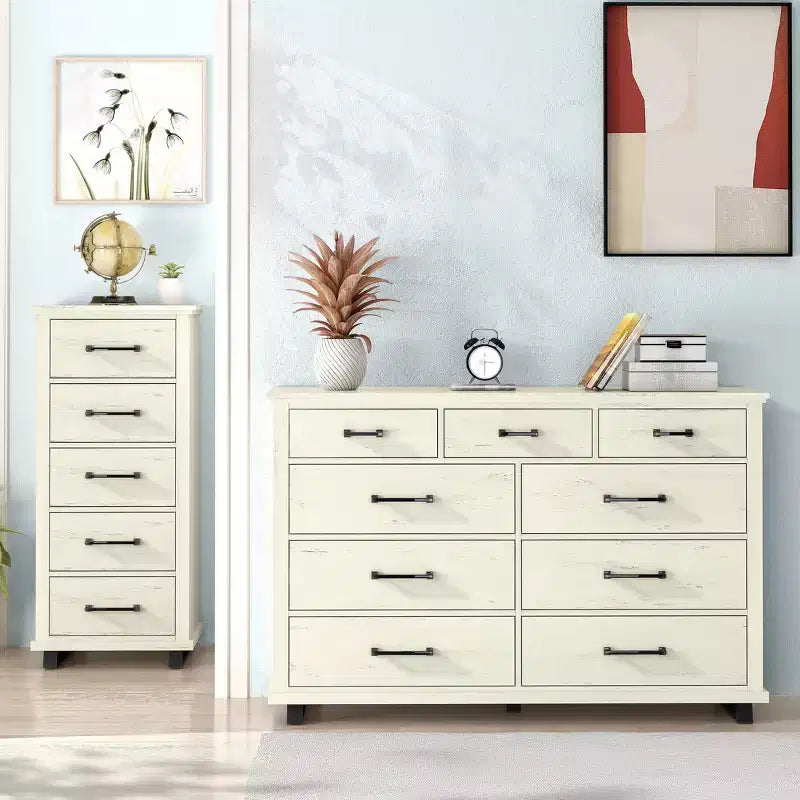 Festivo 2pc Contemporary 9 Drawer Dresser and 24 inch 5 Drawer Chest Set Saw Cut Off-White: Meets ASTM Safety, Bedroom Storage