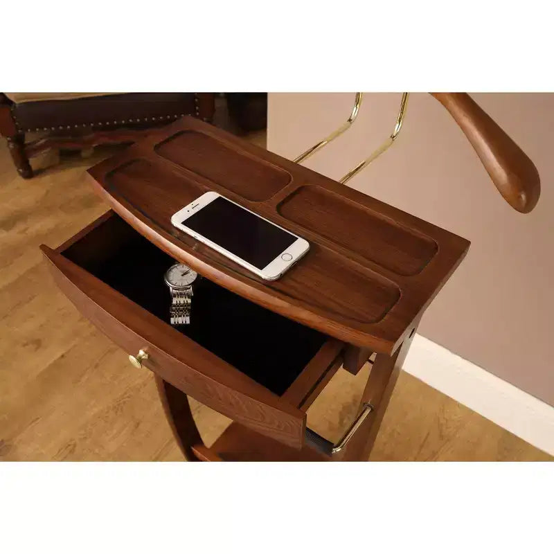 Mobile appendiabiti con vassoio superiore a cassetto, appendino sagomato, asta porta pantaloni, in noce