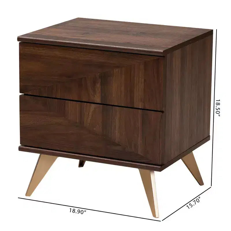 Graceland 2 Drawer Wooden Nightstand Walnut Brown/Gold - Baxton Studio