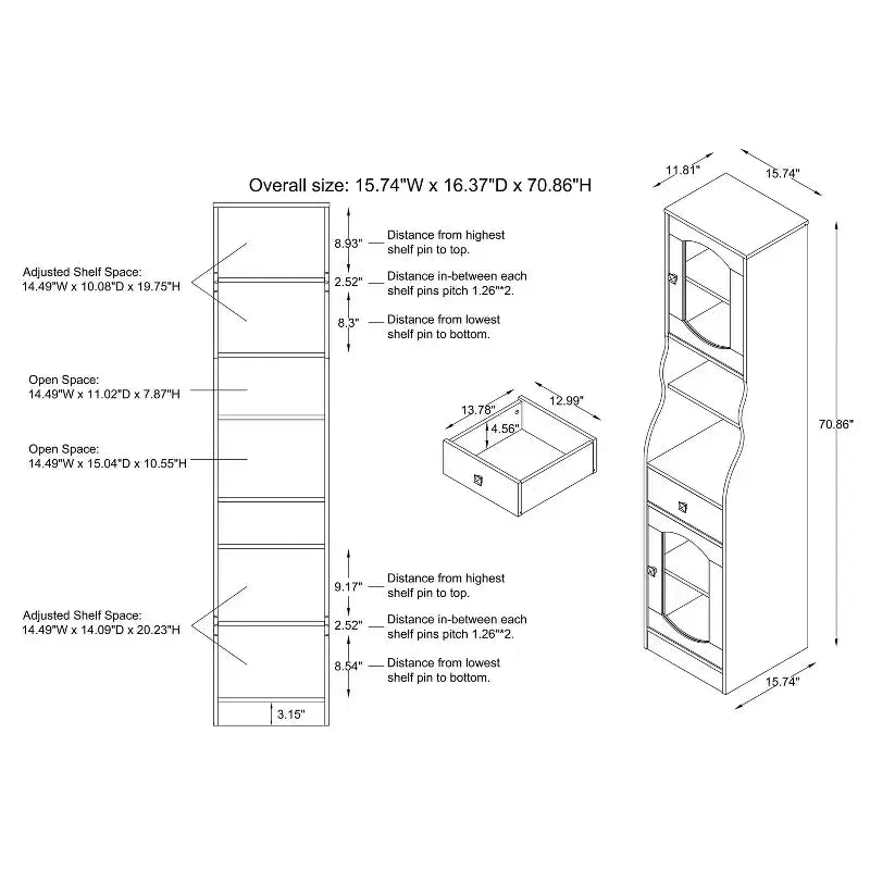 24/7 Shop At Home Jenny 70.8" Pier Cabinet with Drawer Espresso: Transitional Style Media Storage, Adjustable Shelves