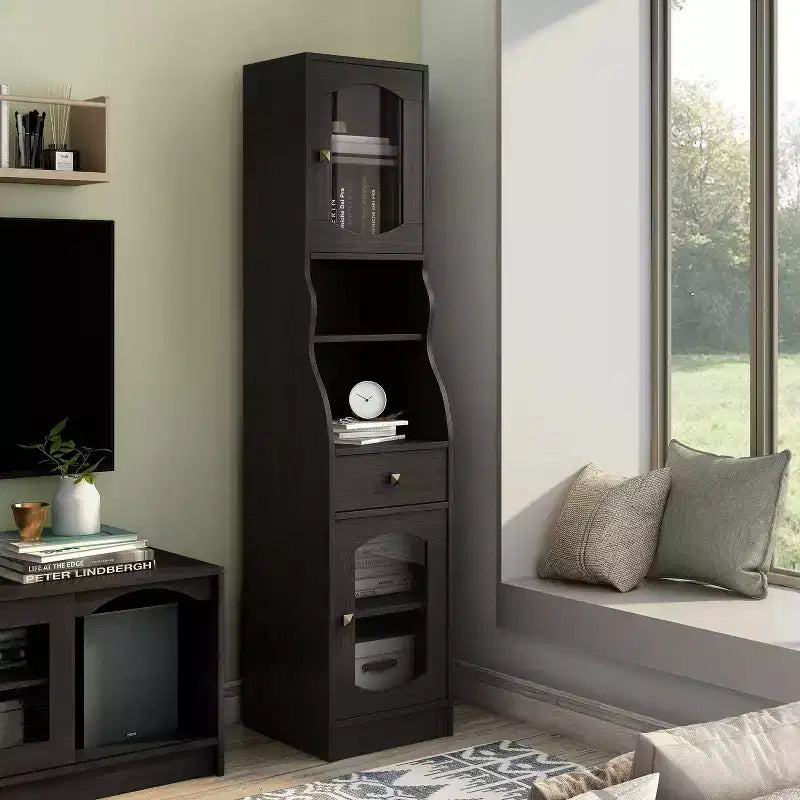 24/7 Shop At Home Jenny 70.8" Pier Cabinet with Drawer Espresso: Transitional Style Media Storage, Adjustable Shelves