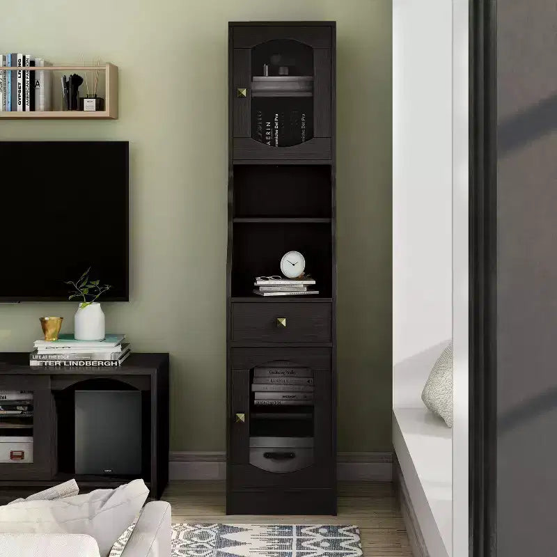 24/7 Shop At Home Jenny 70.8" Pier Cabinet with Drawer Espresso: Transitional Style Media Storage, Adjustable Shelves