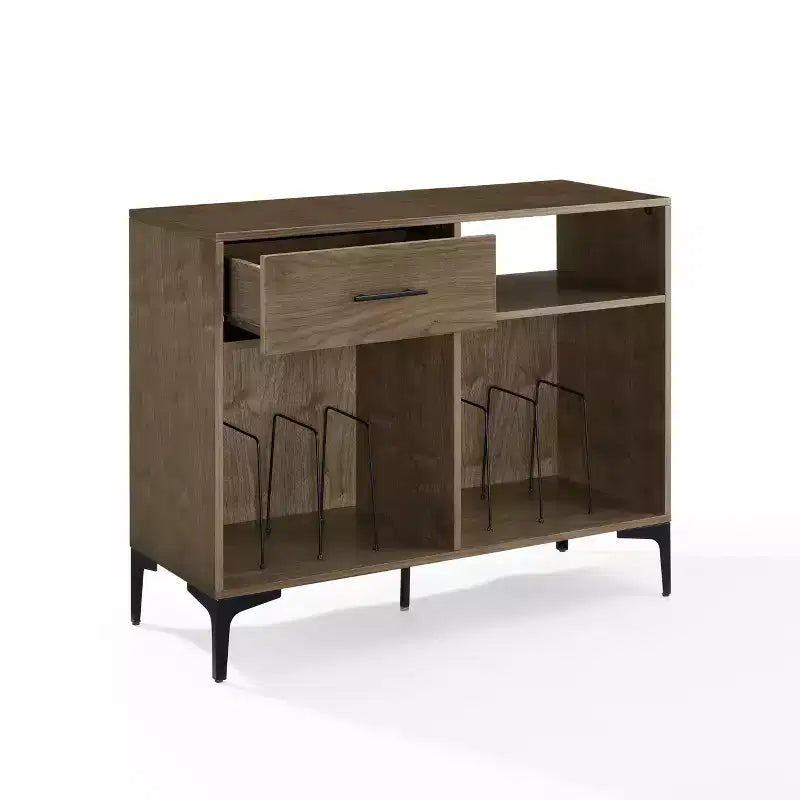 Crosley 40" Sydney Record Storage Media Console Walnut: Vinyl Holder, Media Cabinet with Open Shelves