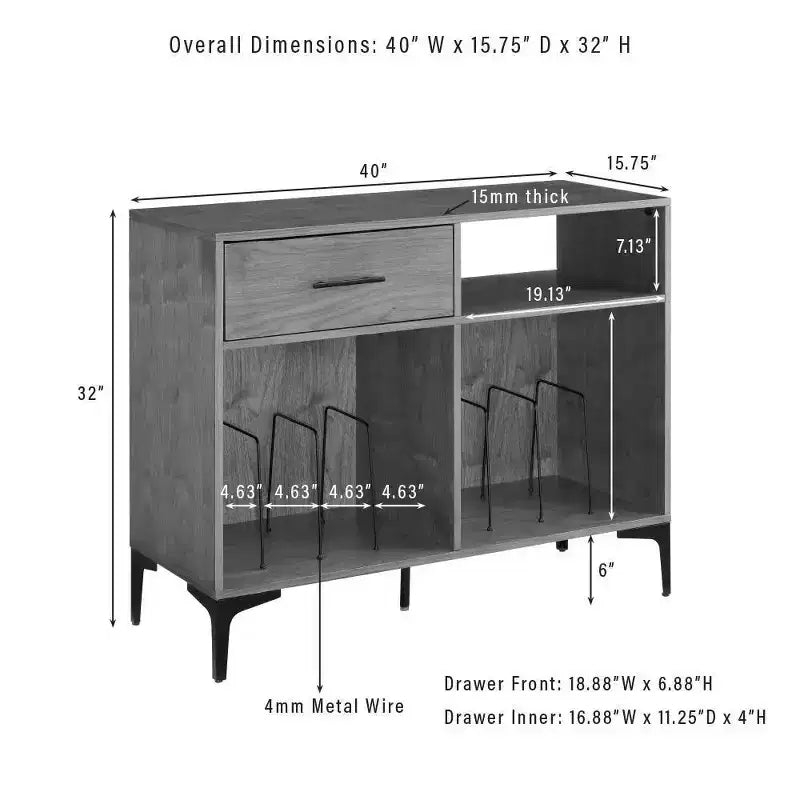 Crosley 40" Sydney Record Storage Media Console Walnut: Vinyl Holder, Media Cabinet with Open Shelves
