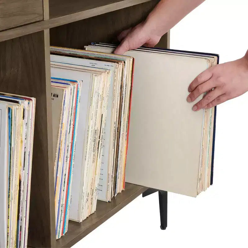 Crosley 40" Sydney Record Storage Media Console Walnut: Vinyl Holder, Media Cabinet with Open Shelves