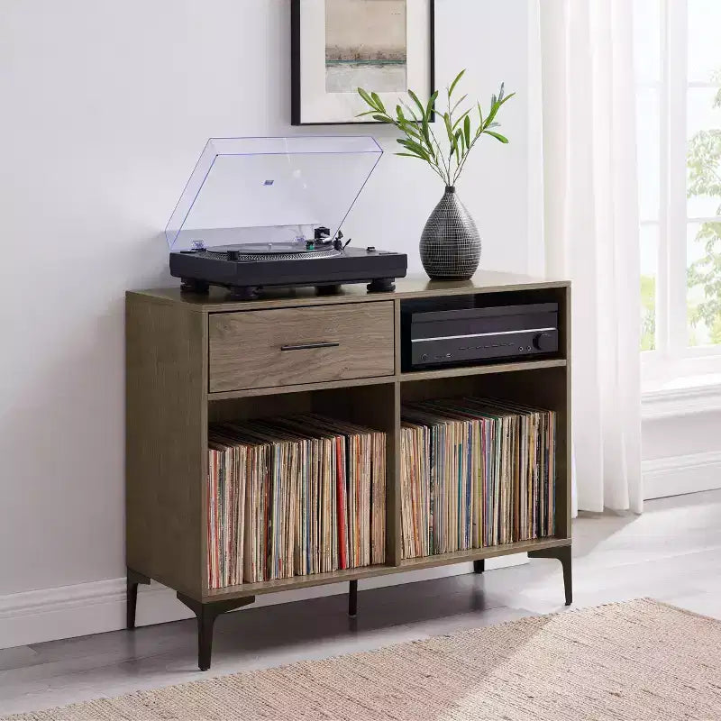 Crosley 40" Sydney Record Storage Media Console Walnut: Vinyl Holder, Media Cabinet with Open Shelves