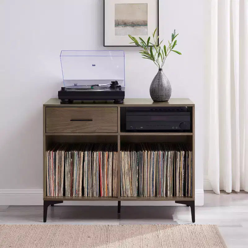 Crosley 40" Sydney Record Storage Media Console Walnut: Vinyl Holder, Media Cabinet with Open Shelves