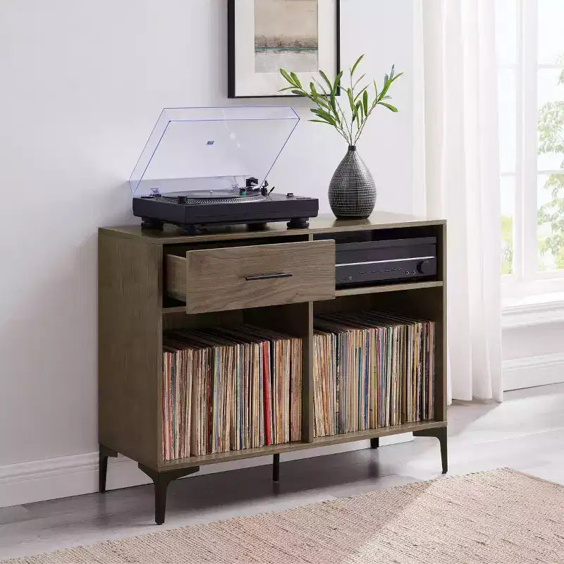 Crosley 40" Sydney Record Storage Media Console Walnut: Vinyl Holder, Media Cabinet with Open Shelves