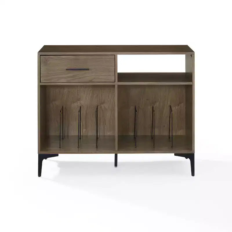 Crosley 40" Sydney Record Storage Media Console Walnut: Vinyl Holder, Media Cabinet with Open Shelves