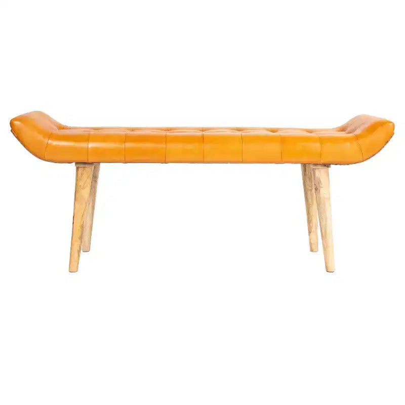 Storied Home Goat Leather Bench Tobacco: Mango Wood Frame, Rectangular Upholstered Ottoman, Adult Assembly
