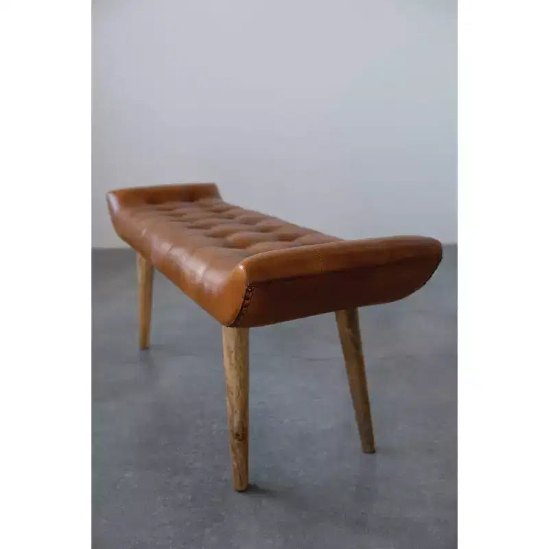 Storied Home Goat Leather Bench Tobacco: Mango Wood Frame, Rectangular Upholstered Ottoman, Adult Assembly