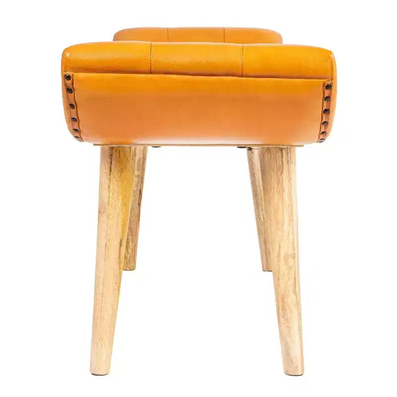 Storied Home Goat Leather Bench Tobacco: Mango Wood Frame, Rectangular Upholstered Ottoman, Adult Assembly
