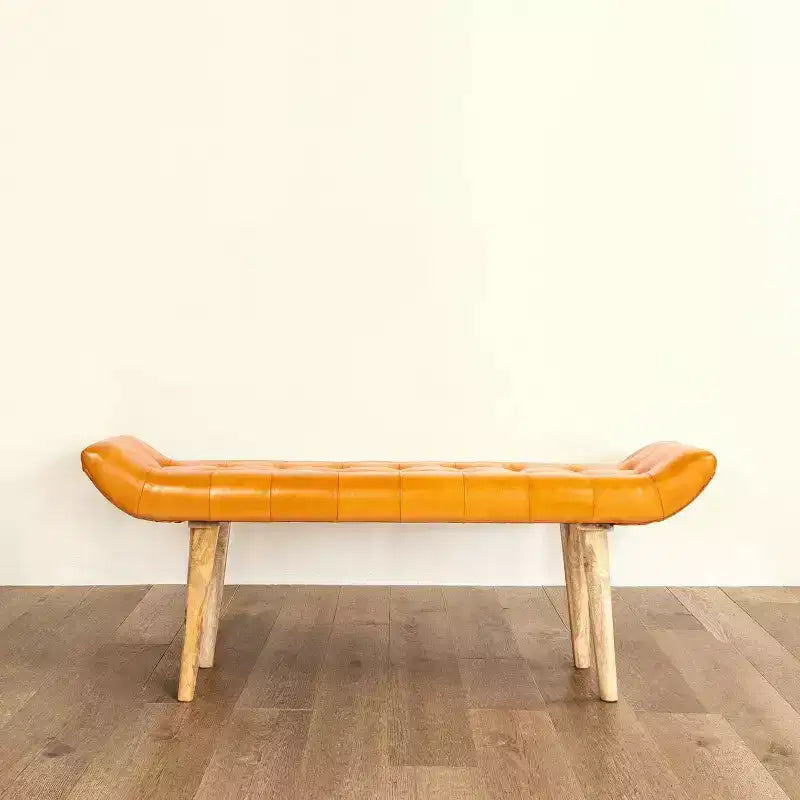 Storied Home Goat Leather Bench Tobacco: Mango Wood Frame, Rectangular Upholstered Ottoman, Adult Assembly