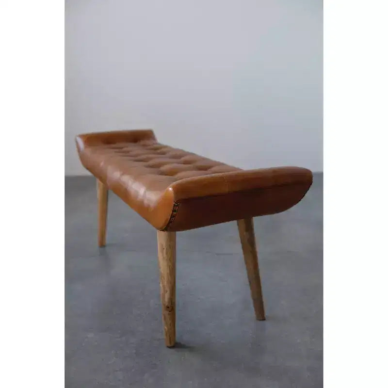 Storied Home Goat Leather Bench Tobacco: Mango Wood Frame, Rectangular Upholstered Ottoman, Adult Assembly