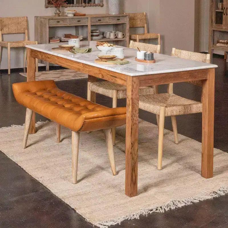 Storied Home Goat Leather Bench Tobacco: Mango Wood Frame, Rectangular Upholstered Ottoman, Adult Assembly