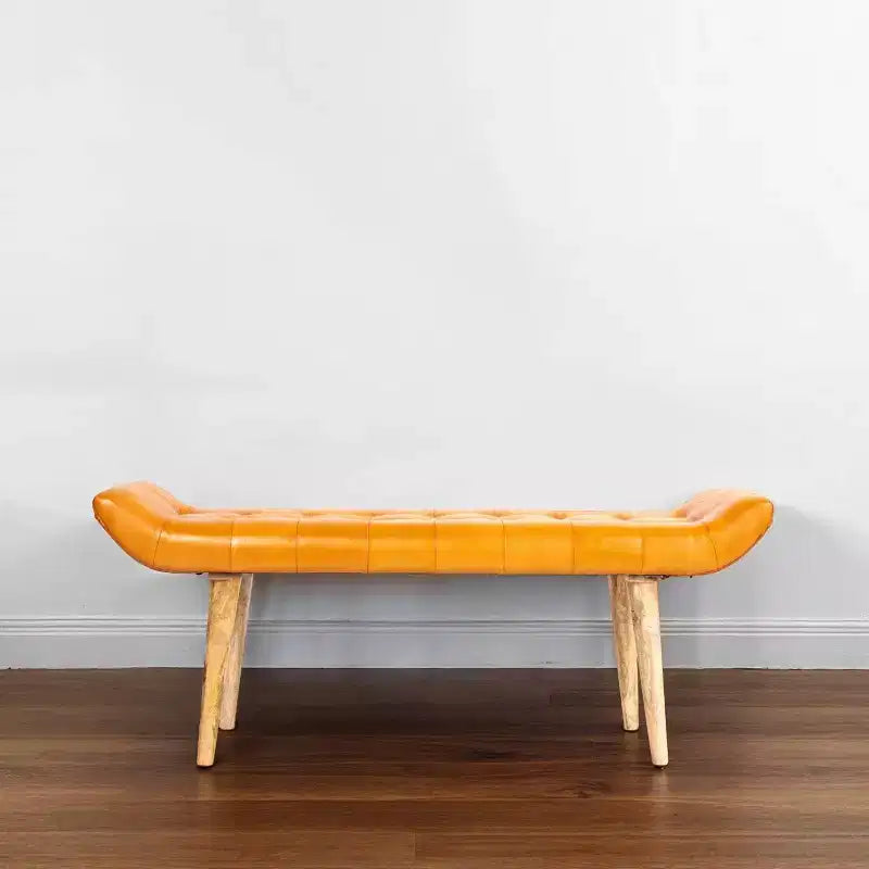 Storied Home Goat Leather Bench Tobacco: Mango Wood Frame, Rectangular Upholstered Ottoman, Adult Assembly