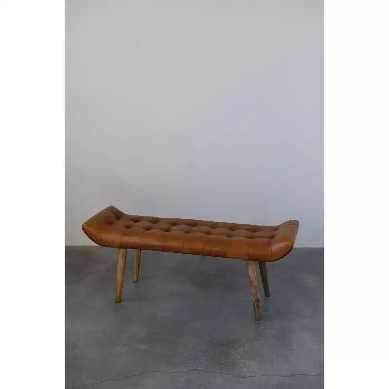 Storied Home Goat Leather Bench Tobacco: Mango Wood Frame, Rectangular Upholstered Ottoman, Adult Assembly