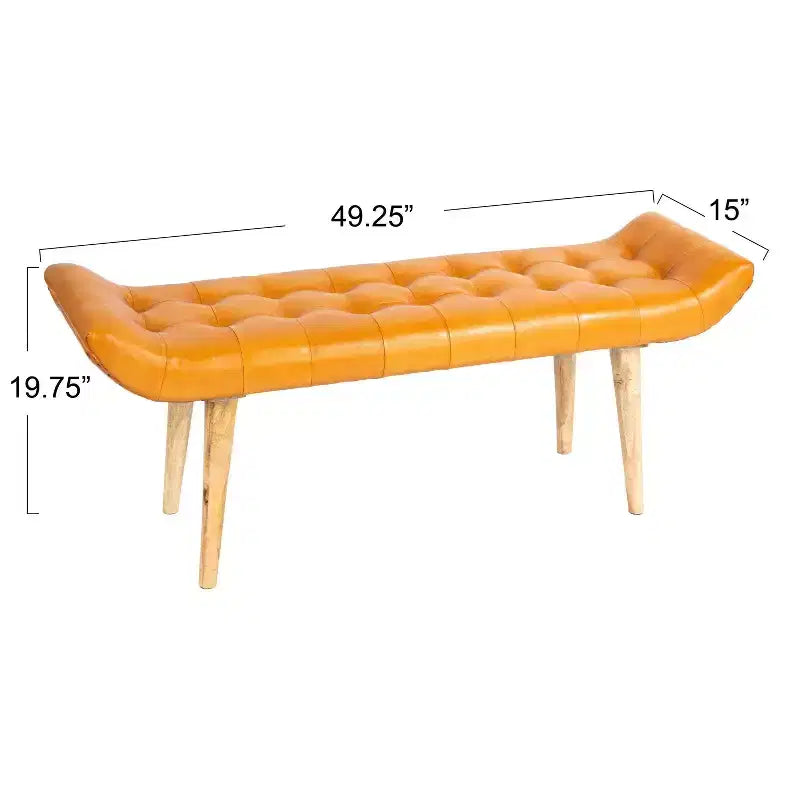 Storied Home Goat Leather Bench Tobacco: Mango Wood Frame, Rectangular Upholstered Ottoman, Adult Assembly
