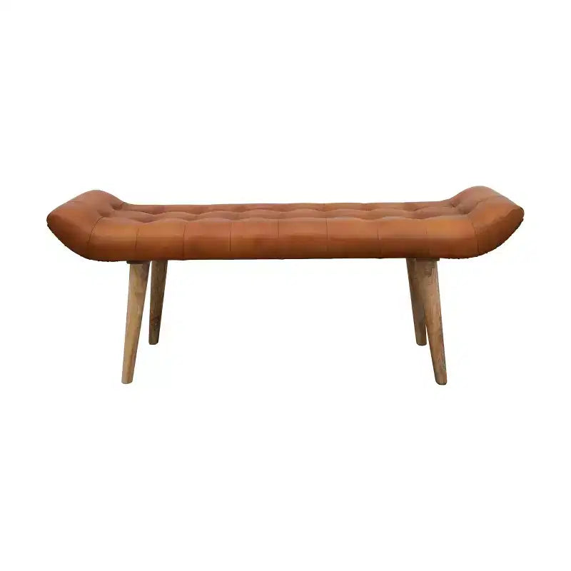 Storied Home Goat Leather Bench Tobacco: Mango Wood Frame, Rectangular Upholstered Ottoman, Adult Assembly