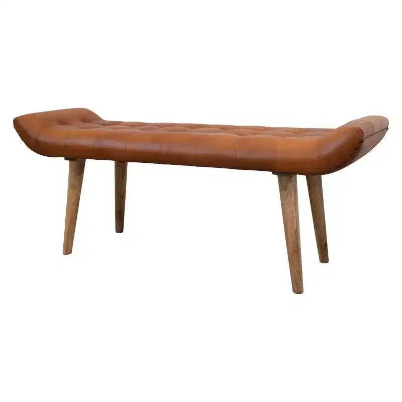 Storied Home Goat Leather Bench Tobacco: Mango Wood Frame, Rectangular Upholstered Ottoman, Adult Assembly