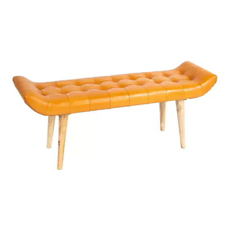 Storied Home Goat Leather Bench Tobacco: Mango Wood Frame, Rectangular Upholstered Ottoman, Adult Assembly