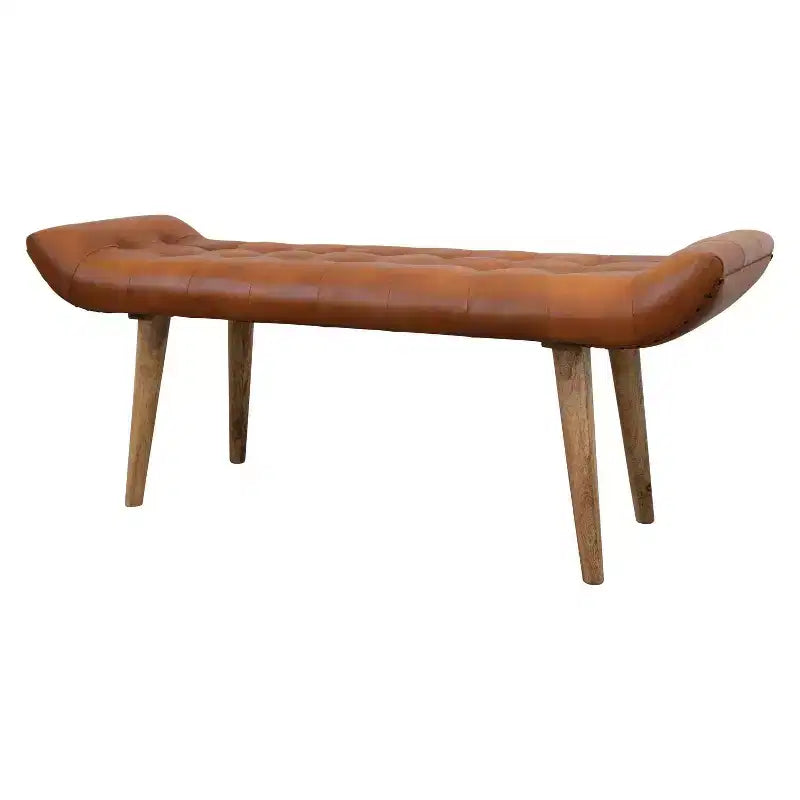 Storied Home Goat Leather Bench Tobacco: Mango Wood Frame, Rectangular Upholstered Ottoman, Adult Assembly