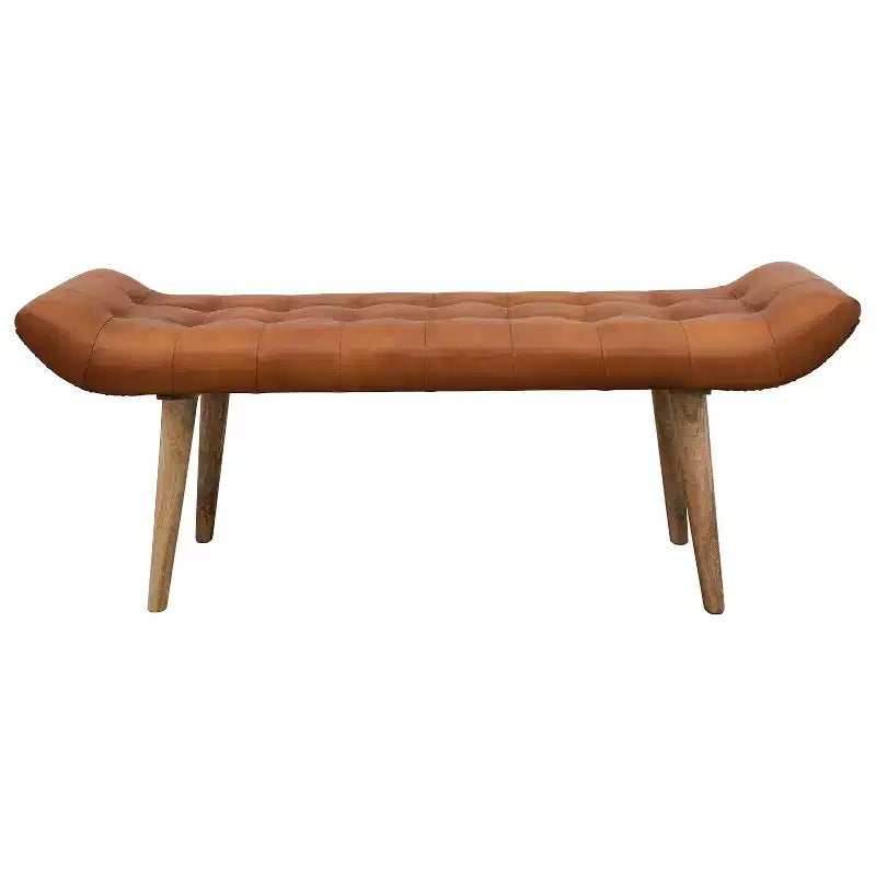 Storied Home Goat Leather Bench Tobacco: Mango Wood Frame, Rectangular Upholstered Ottoman, Adult Assembly