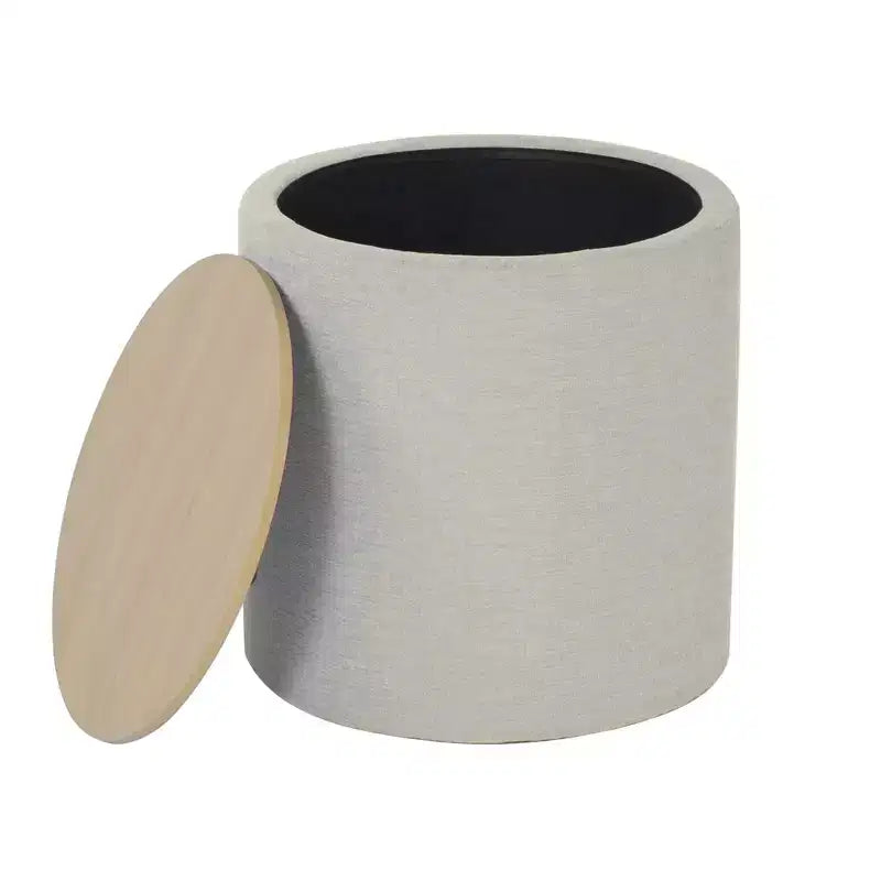 Wood Top Storage Ottoman Light Gray - HomePop: Upholstered, Round, Padded, Wooden Frame