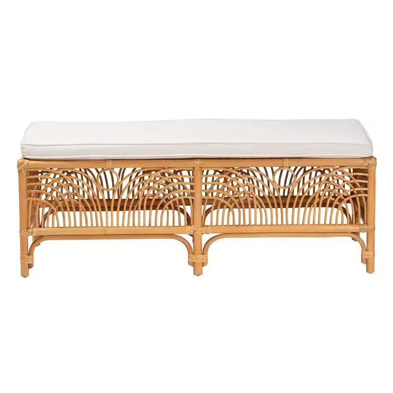 bali & pari Materra Rattan Bench White/Light Honey: Upholstered Polyester, No Assembly, Spot Clean