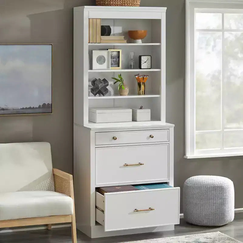 Lifestorey 2pc Harrington Modular Faux Marble Office Cabinet Set Hutch White: Farmhouse Style, Faux Marble Surface, MDF Construction