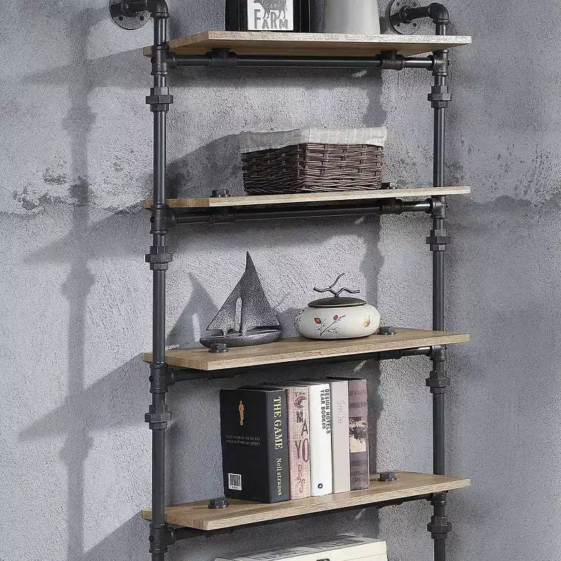 59" Brantley Decorative Bookshelf Oak and Sandy Black Finish - Acme Furniture: 5-Tier, Metal Frame, Open Shelving Unit, No Tools Assembly