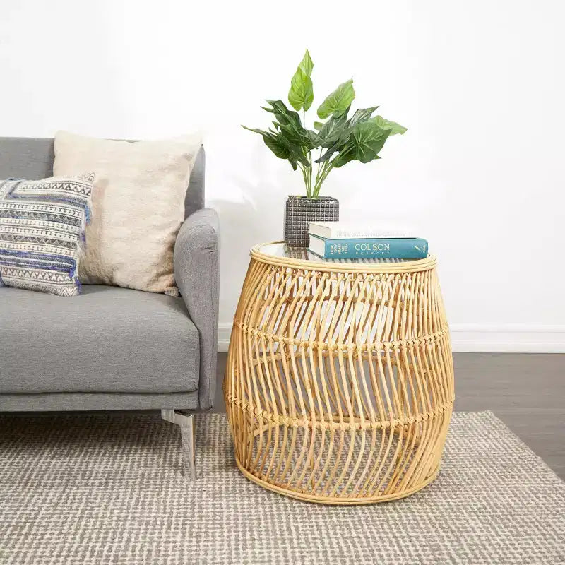 Olivia & May Rattan Handmade Wavy Woven Accent Table: No Assembly, Indoor Use, Coastal Style