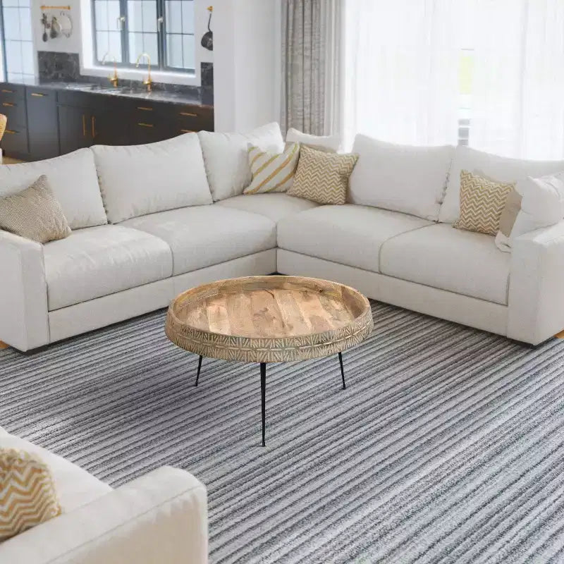 The Urban Port 29" Modern Handcrafted Round Coffee Table Natural Brown Wood Top with Carved Edge Black Iron Legs Brown/Black