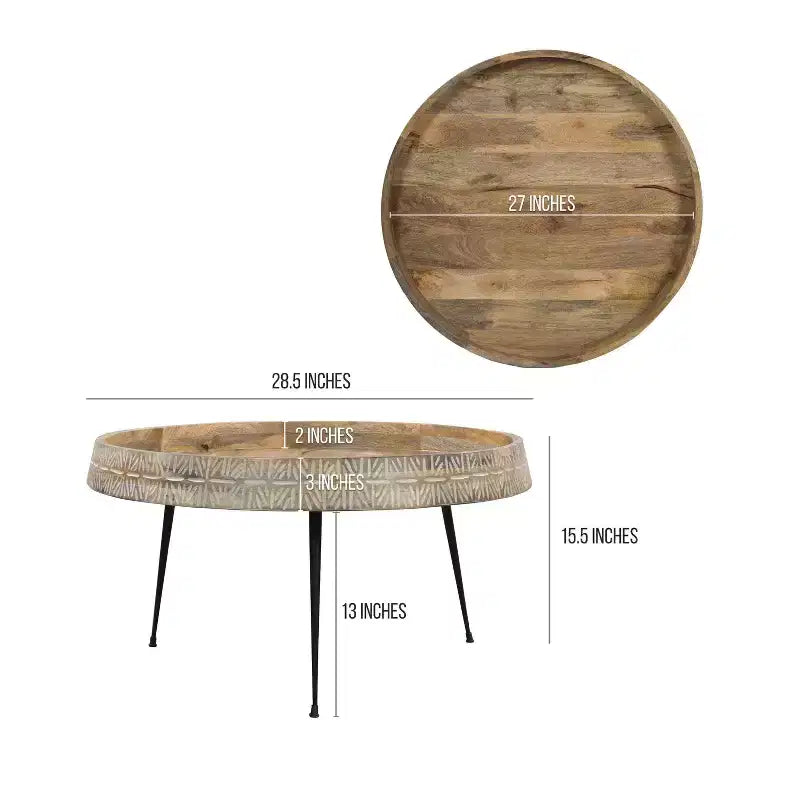 The Urban Port 29" Modern Handcrafted Round Coffee Table Natural Brown Wood Top with Carved Edge Black Iron Legs Brown/Black