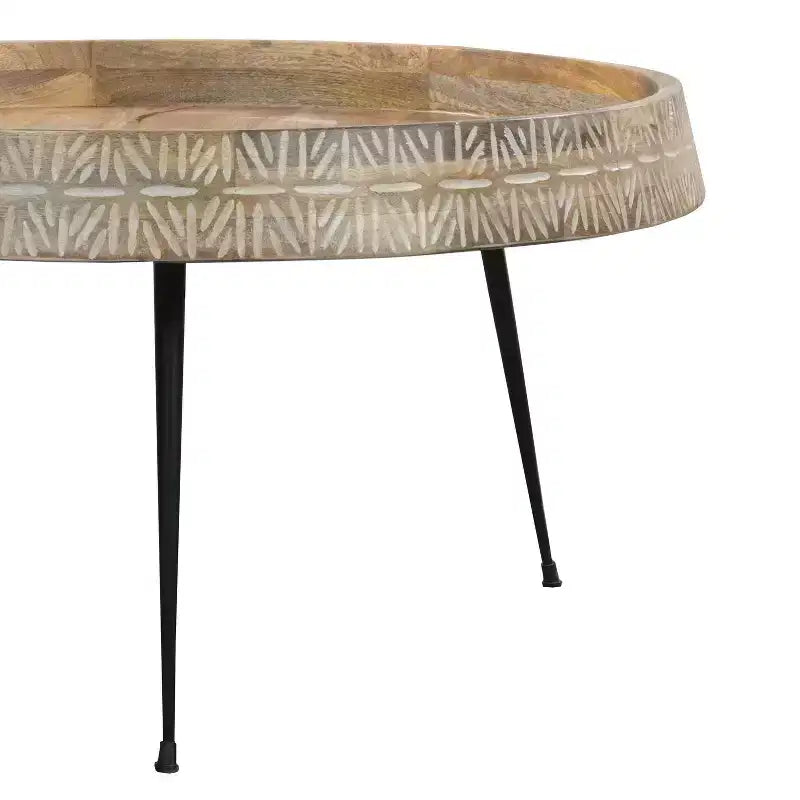 The Urban Port 29" Modern Handcrafted Round Coffee Table Natural Brown Wood Top with Carved Edge Black Iron Legs Brown/Black
