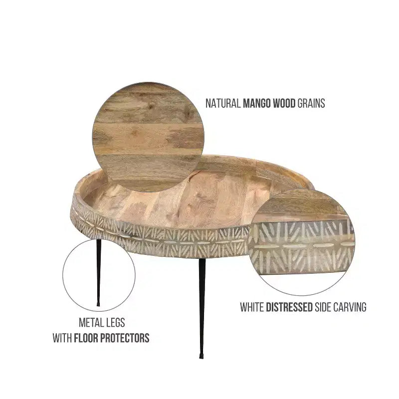 The Urban Port 29" Modern Handcrafted Round Coffee Table Natural Brown Wood Top with Carved Edge Black Iron Legs Brown/Black