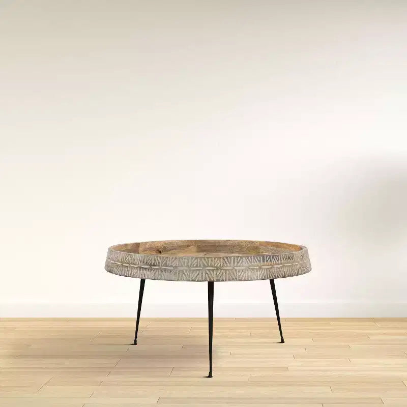 The Urban Port 29" Modern Handcrafted Round Coffee Table Natural Brown Wood Top with Carved Edge Black Iron Legs Brown/Black