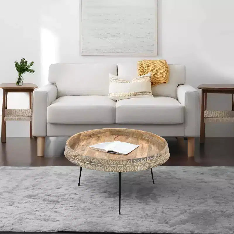 The Urban Port 29" Modern Handcrafted Round Coffee Table Natural Brown Wood Top with Carved Edge Black Iron Legs Brown/Black