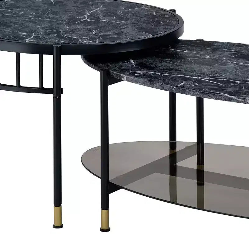 Acme Furniture 40" Silas Accent Table Set with Shelf: Faux Marble, Round, Metal Base