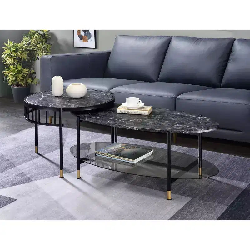 Acme Furniture 40" Silas Accent Table Set with Shelf: Faux Marble, Round, Metal Base