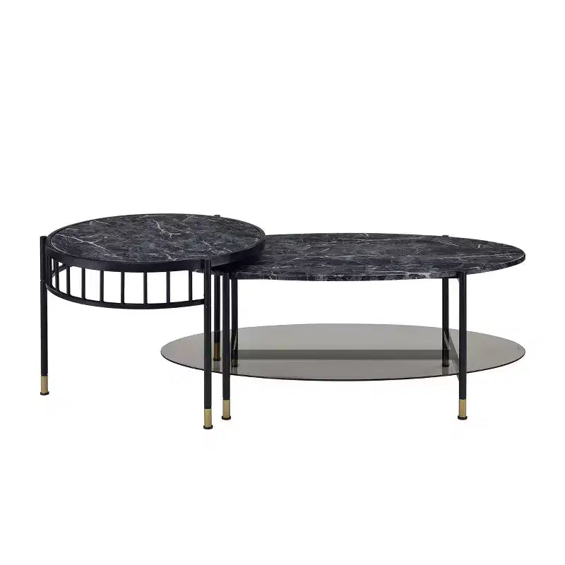 Acme Furniture 40" Silas Accent Table Set with Shelf: Faux Marble, Round, Metal Base