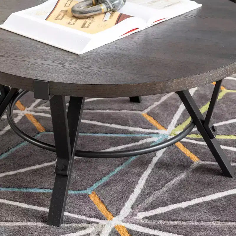 Powell 3pc Galway Wood Top and Charcoal Gray Metal Round Coffee and Side Table Set Charcoal Brown: Rustic Living Room Furniture Set