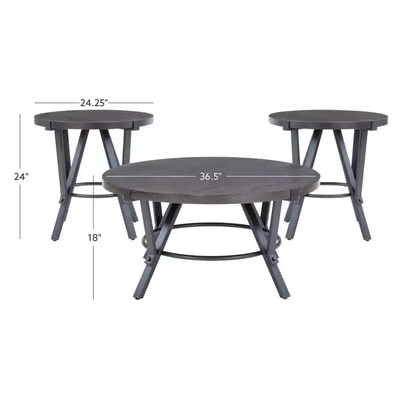 Powell 3pc Galway Wood Top and Charcoal Gray Metal Round Coffee and Side Table Set Charcoal Brown: Rustic Living Room Furniture Set